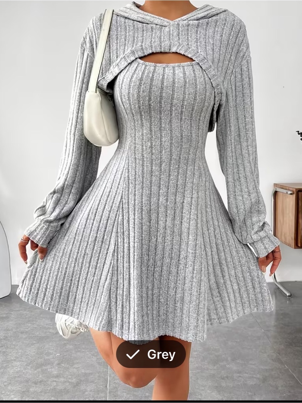 Grey Ribbed Knit Fit-and-Flare Dress with Cutout